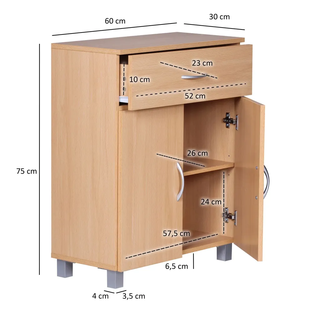 Skænk bøg 60x75x30cm Kommode med skuffe og låger, Lille nuværende skænk brun, Designer træskab, Universalskab med håndtag,...