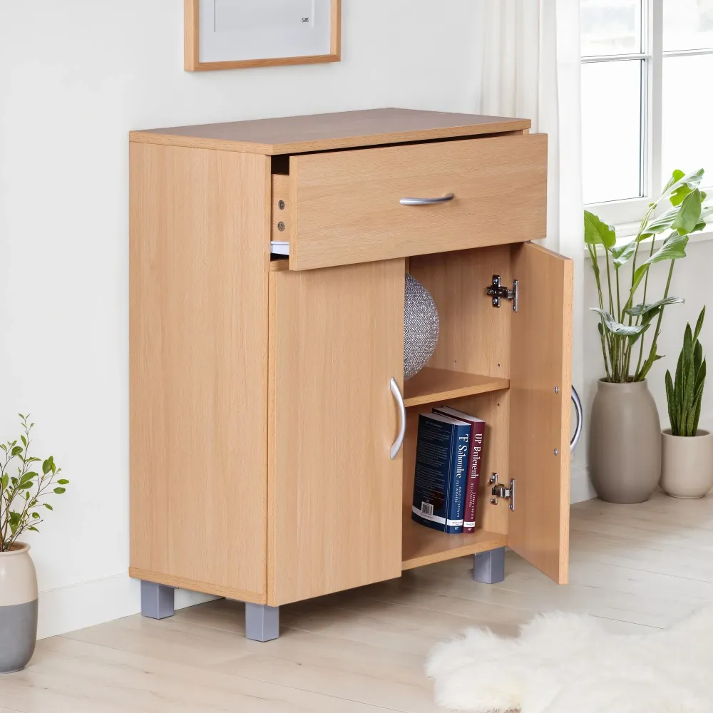 Skænk bøg 60x75x30cm Kommode med skuffe og låger, Lille nuværende skænk brun, Designer træskab, Universalskab med håndtag,...