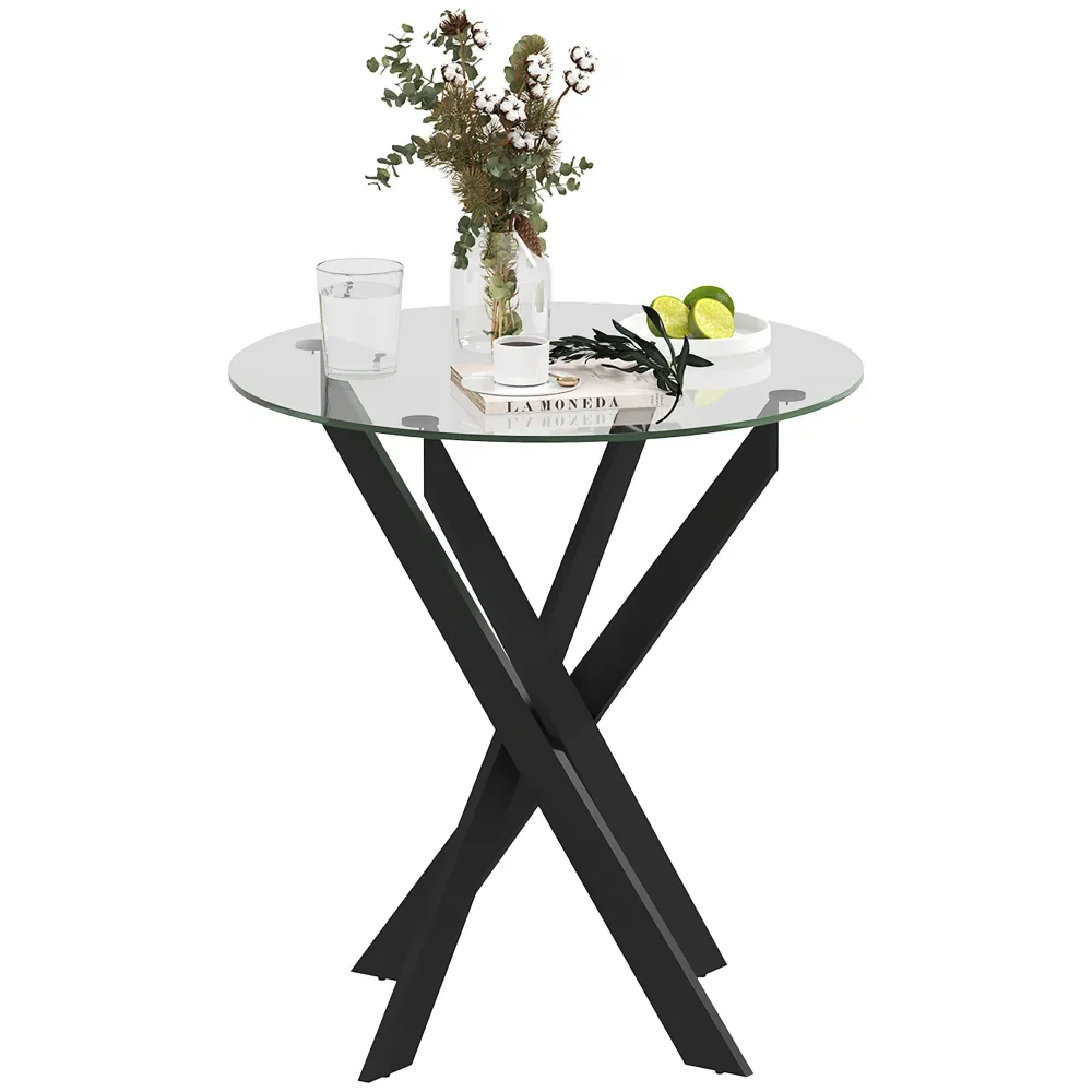 Trendy glas spisebord, 70 cm diameter, køkkenbord med hærdet glasplade og metalben, til 4 personer