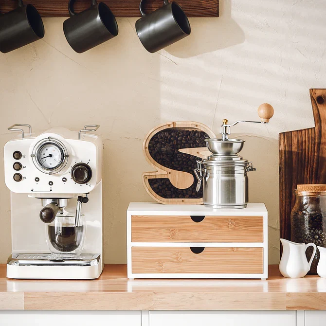 Æske med 2 skuffer til opbevaring af kaffekapsler eller teposer, alabast / træ