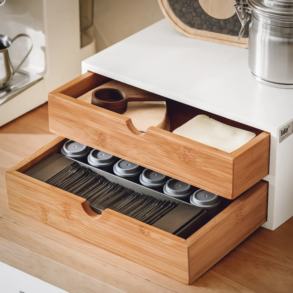 Æske med 2 skuffer til opbevaring af kaffekapsler eller teposer, alabast / træ