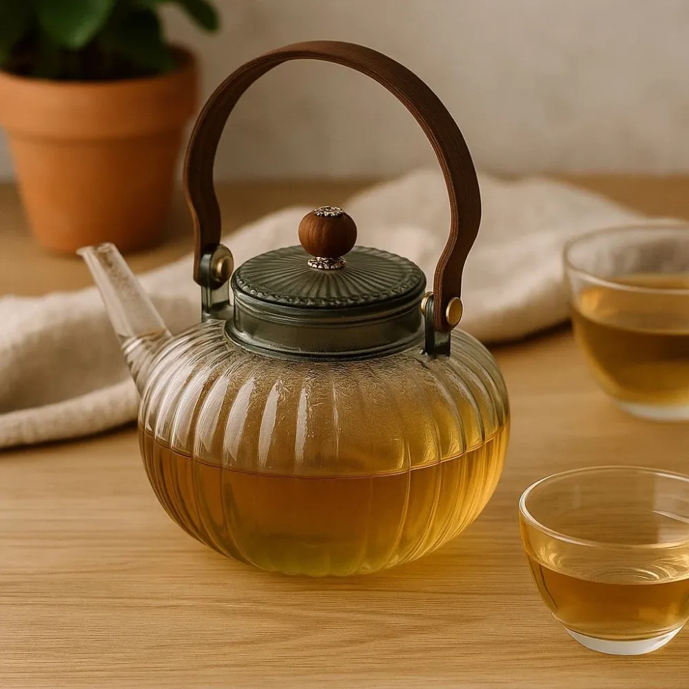 Glas Tekande med Infuser 950ml Trækul Ribbet Perle
