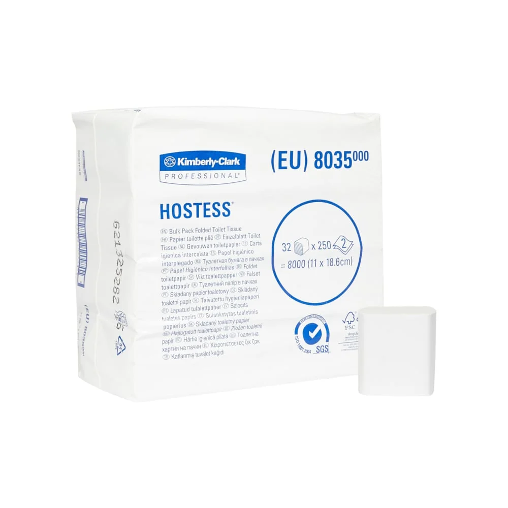 Hostess™ 32 Toiletpapir i ark 8035 – 2-lags, Hvid (8.000 ark)