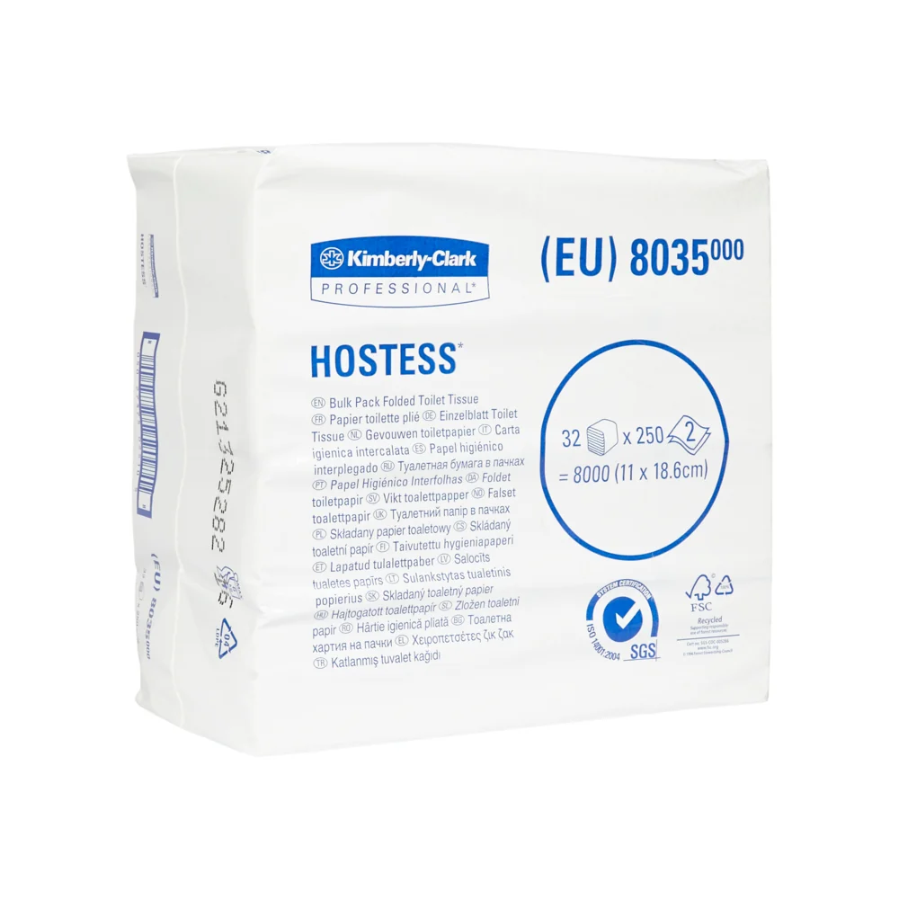 Hostess™ 32 Toiletpapir i ark 8035 – 2-lags, Hvid (8.000 ark)