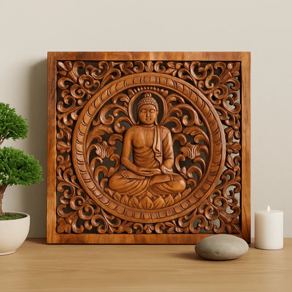 Buddha vægpanel træ håndskåret 40x40cm