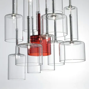 Contemporary Glass Pendant Lights | Clear and Red Cylinder Design A