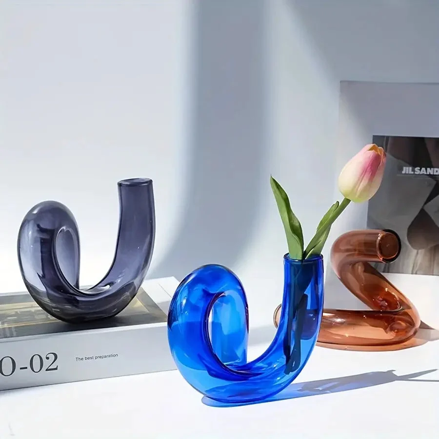 Curved Glass Vase | Modern Wave Design Blue