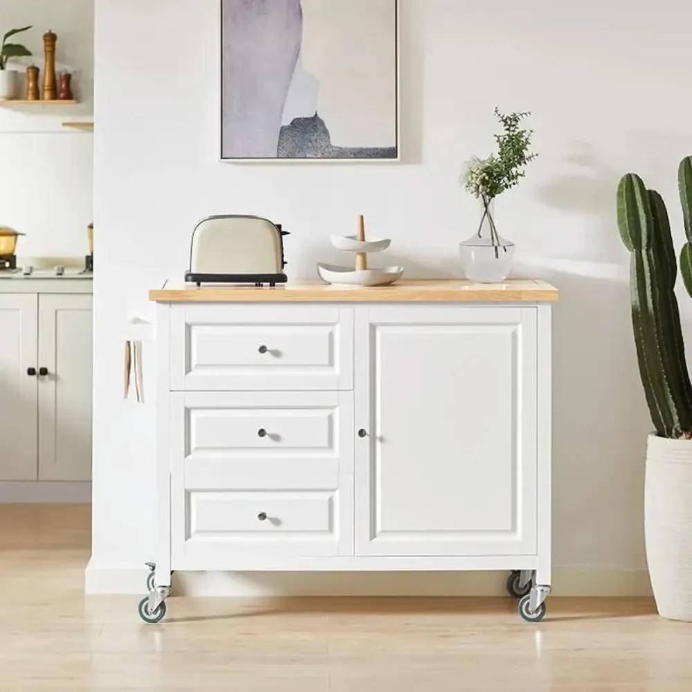 Køkkenvogn / køkkenø med hjul, pearl og naturfarvet, 120x45x92 cm