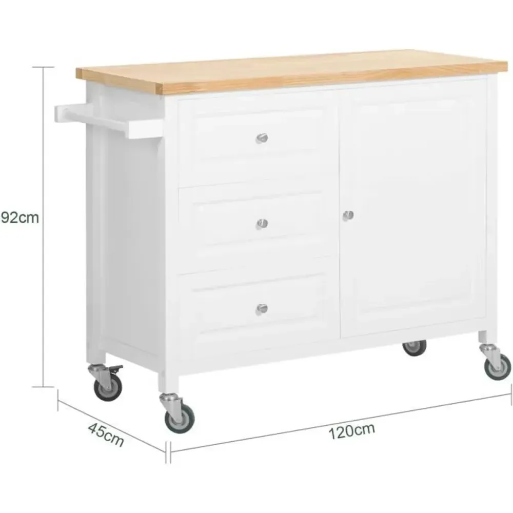 Køkkenvogn / køkkenø med hjul, pearl og naturfarvet, 120x45x92 cm