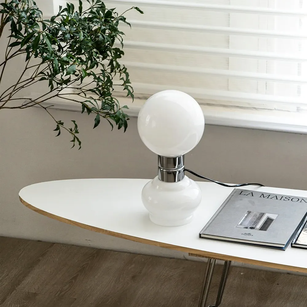 Modern Glass Table Lamp | White Globe Chrome Accent