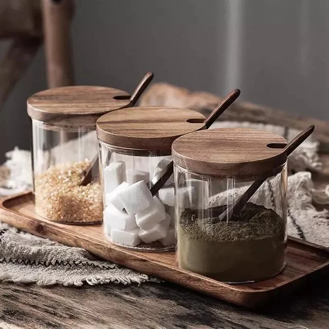 Krydderikrukkesæt i glas med trælåg Simply Home