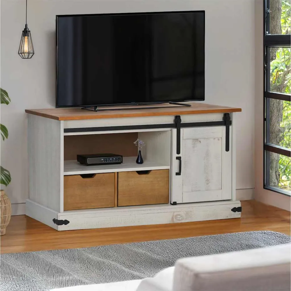 Tv-Bord Halden Med Skydedør 110X40X60 Cm Massivt Træ Hvid