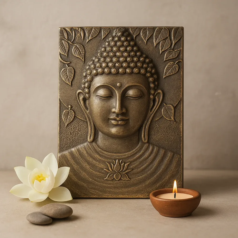 Buddha Relief Vægkunst Blad Antik Guld 70x100cm
