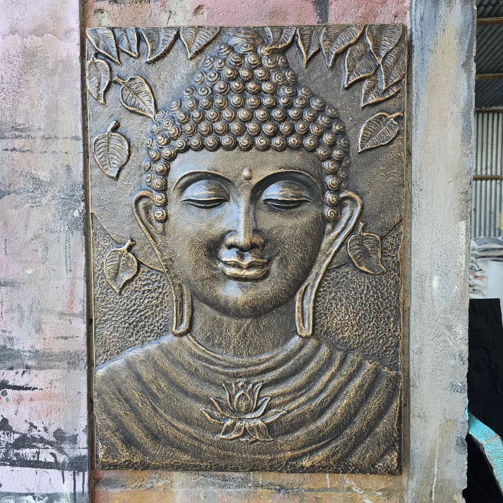 Buddha Relief Vægkunst Blad Antik Guld 70x100cm