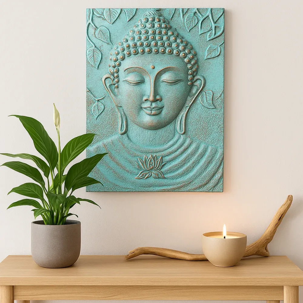 Buddha Vægkunst Relief, Turkis Lotusblade