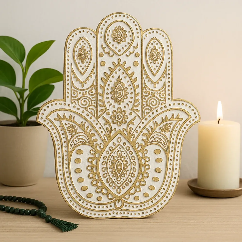 Hamsa Hånd Vægplakette, Mango Træ Hvidvasket