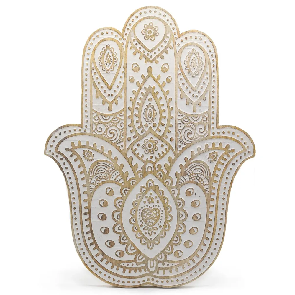 Hamsa Hånd Vægplakette, Mango Træ Hvidvasket