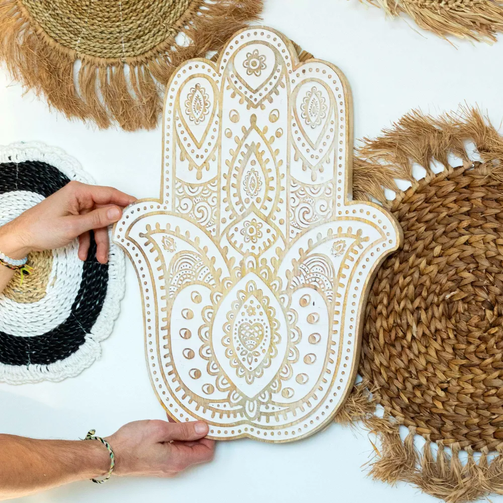 Hamsa Hånd Vægplakette, Mango Træ Hvidvasket