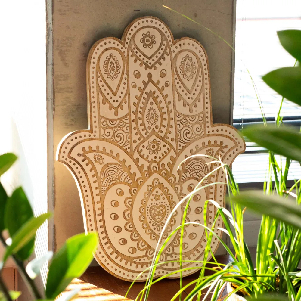 Hamsa Hånd Vægplakette, Mango Træ Hvidvasket