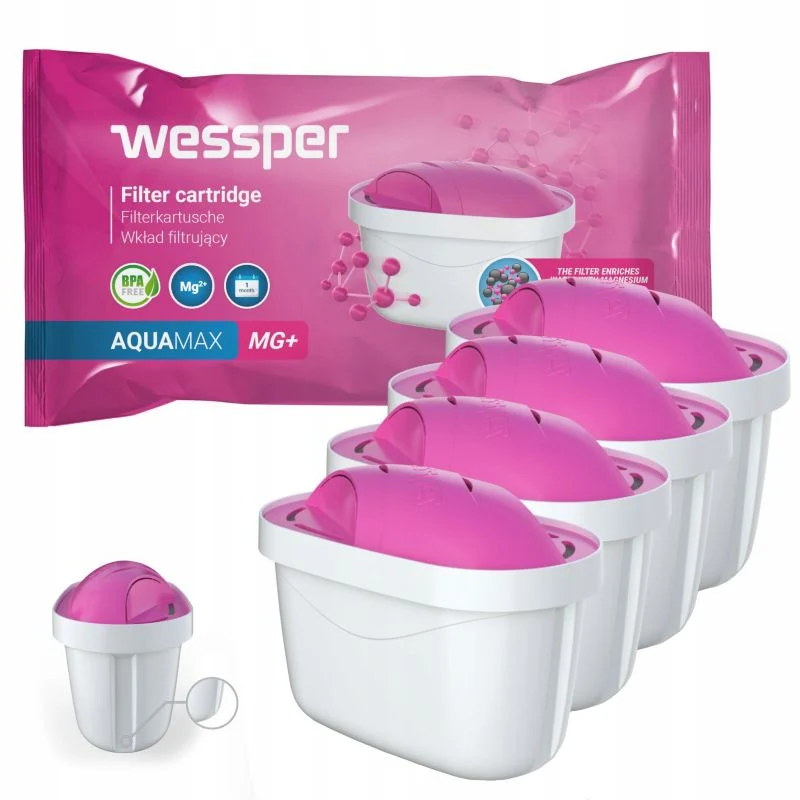 Wessper AquaMax MG+ vandfilter, 4 stk., til filtreringskander, med mg alloy, erstatning Brita og Dafi