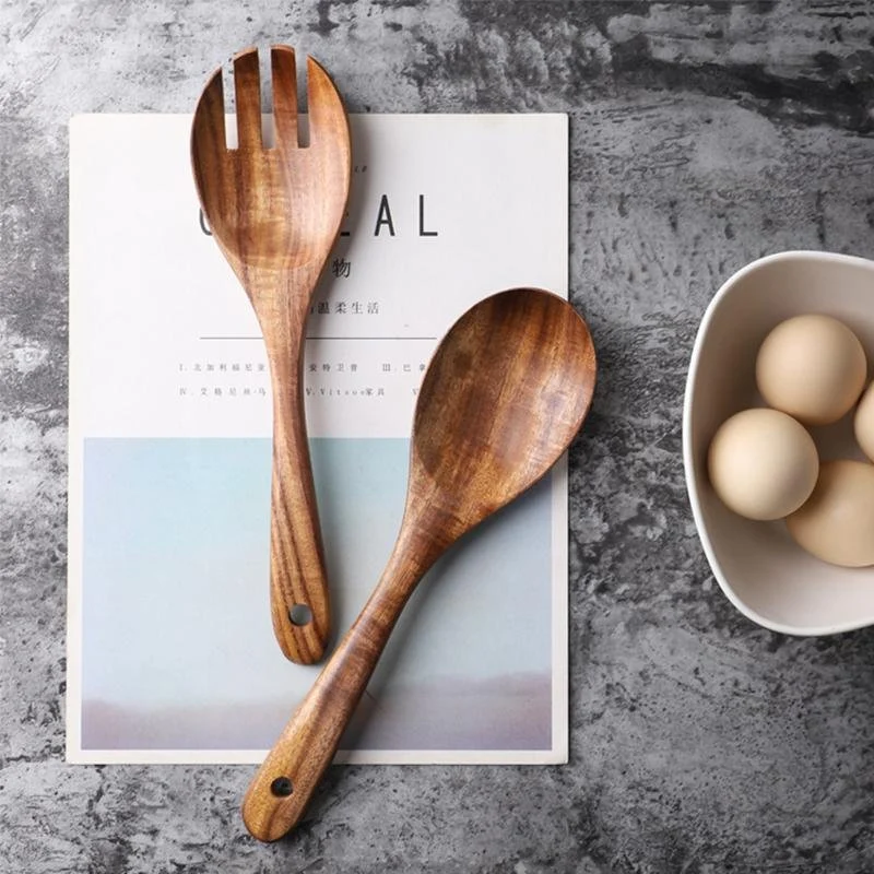 Wooden Salad Servers | Natural Grain Serving Set