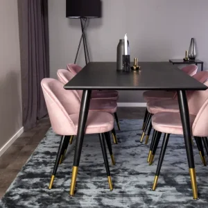 Dipp Spisebord 180 x 90 Sort & 6 stk Velvet Spisebordsstole Dusty Salmon