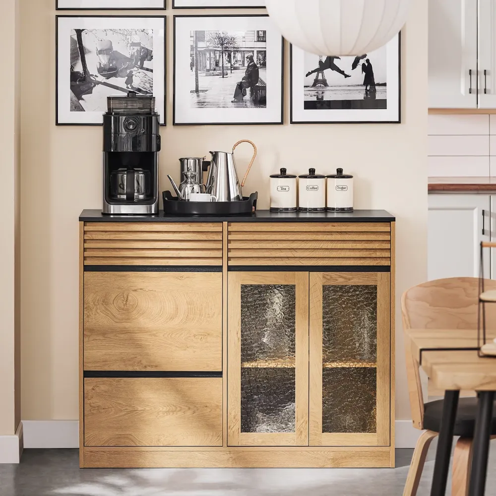 Retro skænk i naturfarve med sorte detaljer - 112x40x89 cm - rummelig opbevaring
