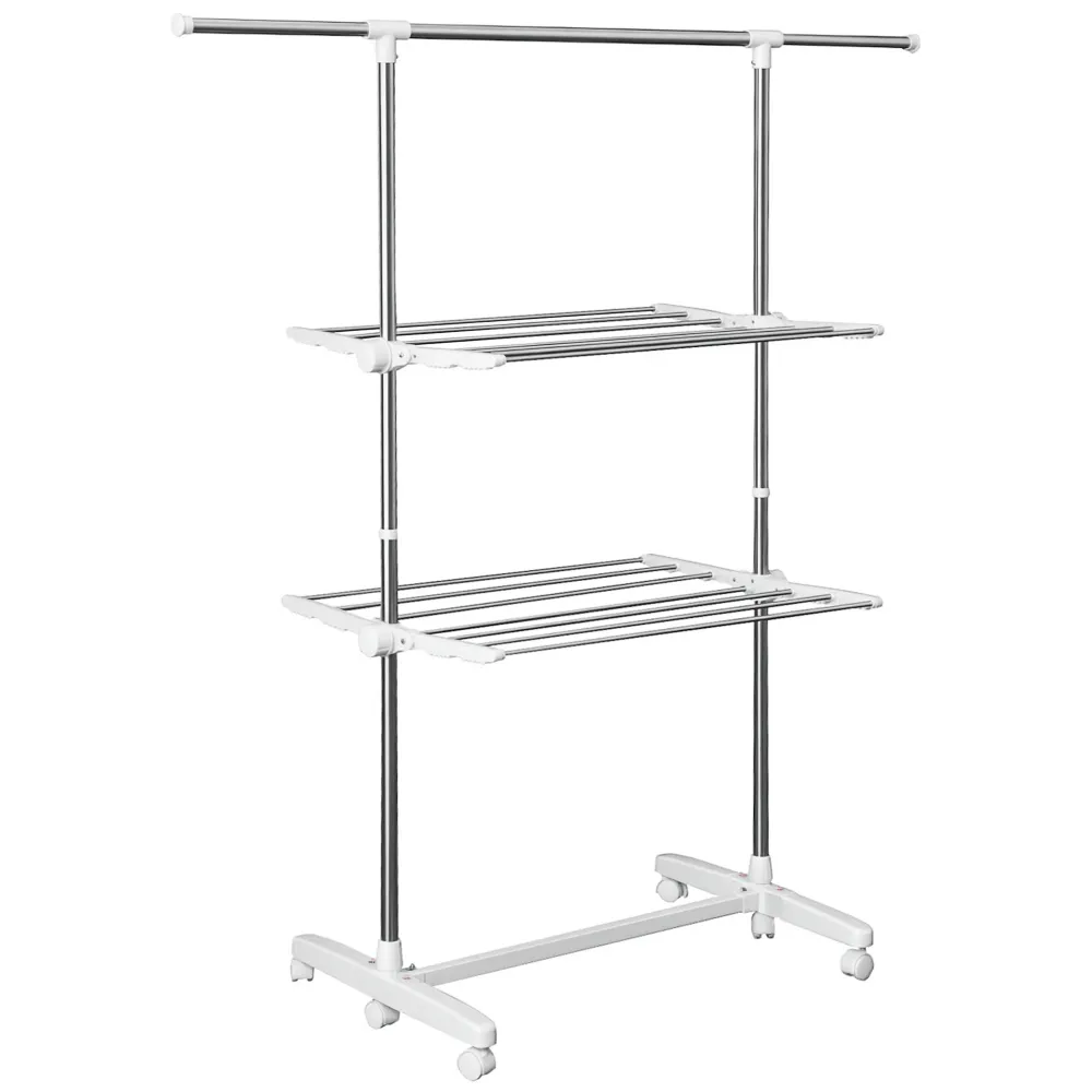 Udtrækkelig tørrestativ med 3 niveauer, foldbare vinger, hjul, indendørs og udendørs tørretumbler, kridt, 83-136,5 x 45,5...