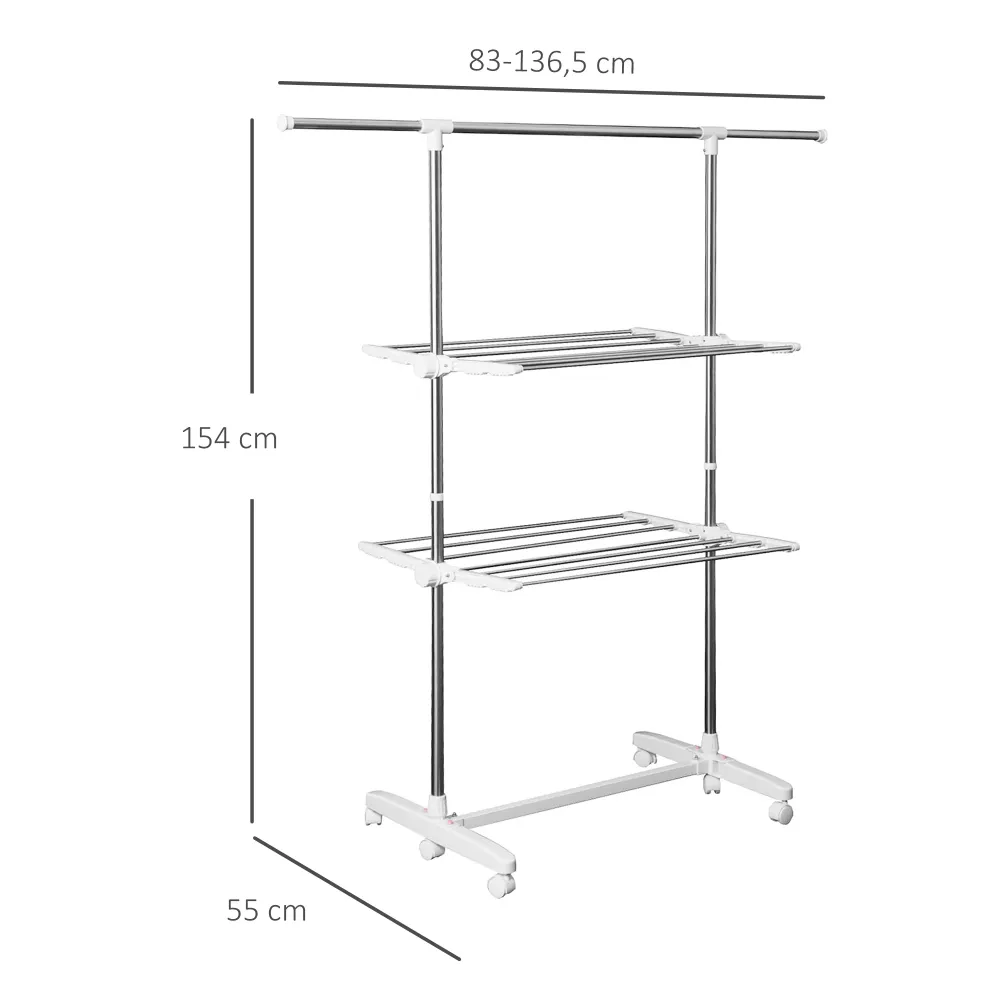 Udtrækkelig tørrestativ med 3 niveauer, foldbare vinger, hjul, indendørs og udendørs tørretumbler, kridt, 83-136,5 x 45,5...