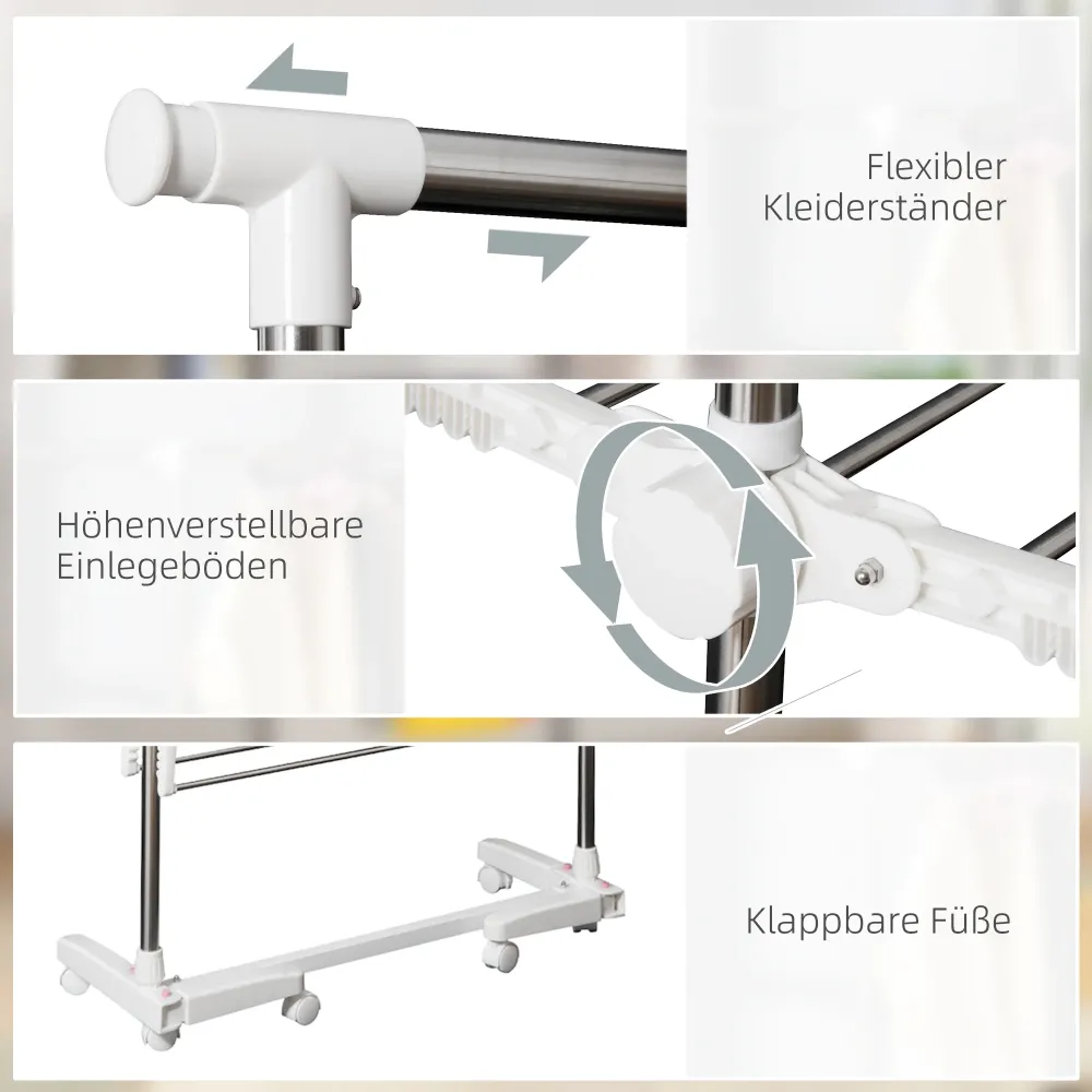 Udtrækkelig tørrestativ med 3 niveauer, foldbare vinger, hjul, indendørs og udendørs tørretumbler, kridt, 83-136,5 x 45,5...