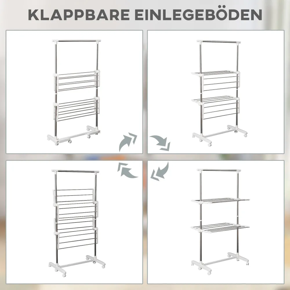 Udtrækkelig tørrestativ med 3 niveauer, foldbare vinger, hjul, indendørs og udendørs tørretumbler, kridt, 83-136,5 x 45,5...