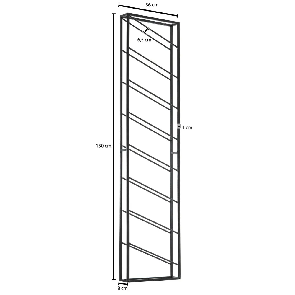 Vægmonteret vinreol i metallic, sort, 36x150x8 cm, stor, til 8 flasker, designer vægreol til køkkenet, hængende flaskereol...
