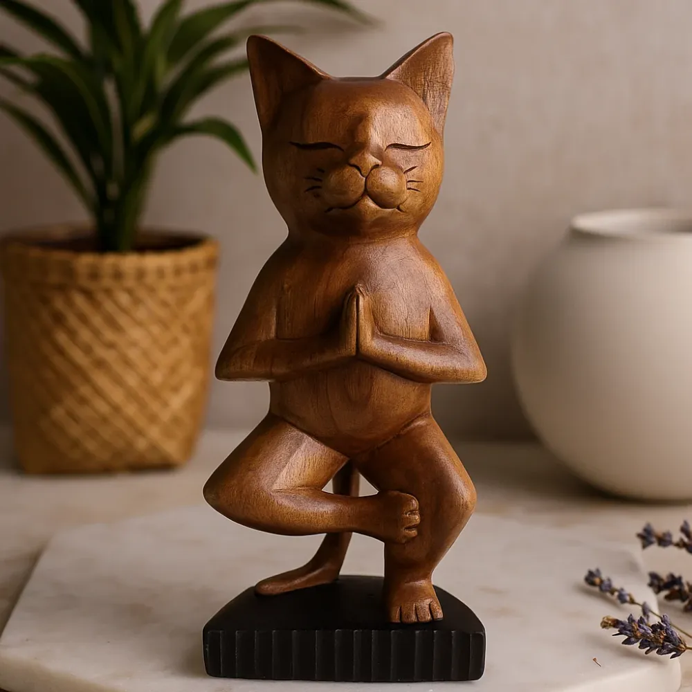 Yoga Kat Figur Håndskåret Et Ben