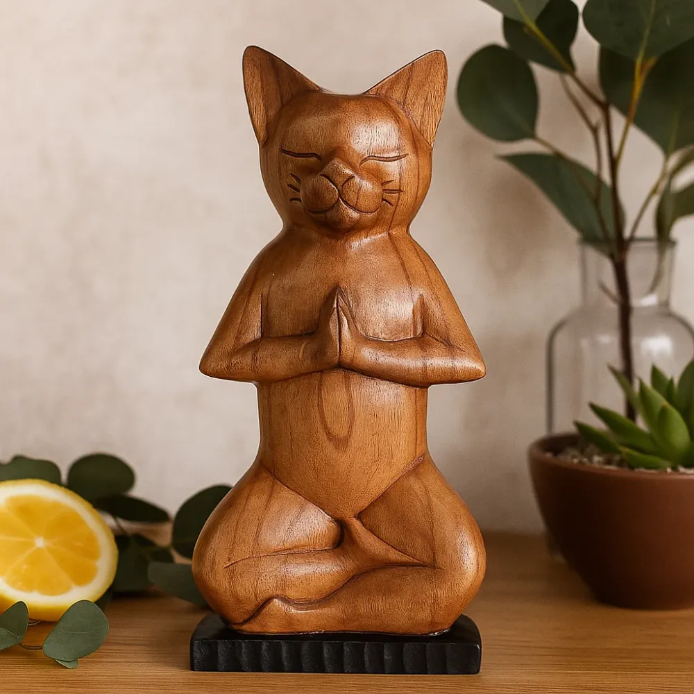Yoga Kat Figurine, Lotusstilling Håndskåret