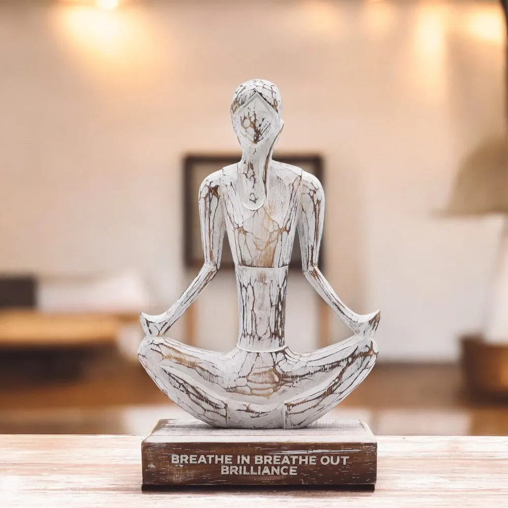 Træ Yoga Skulptur Hvidvasket Let Pose Dekoration