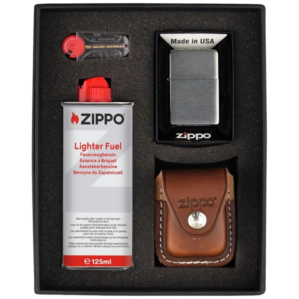 ZIPPO brushed chrome lighter set w. ZIPPO leather pouch brown w. loop